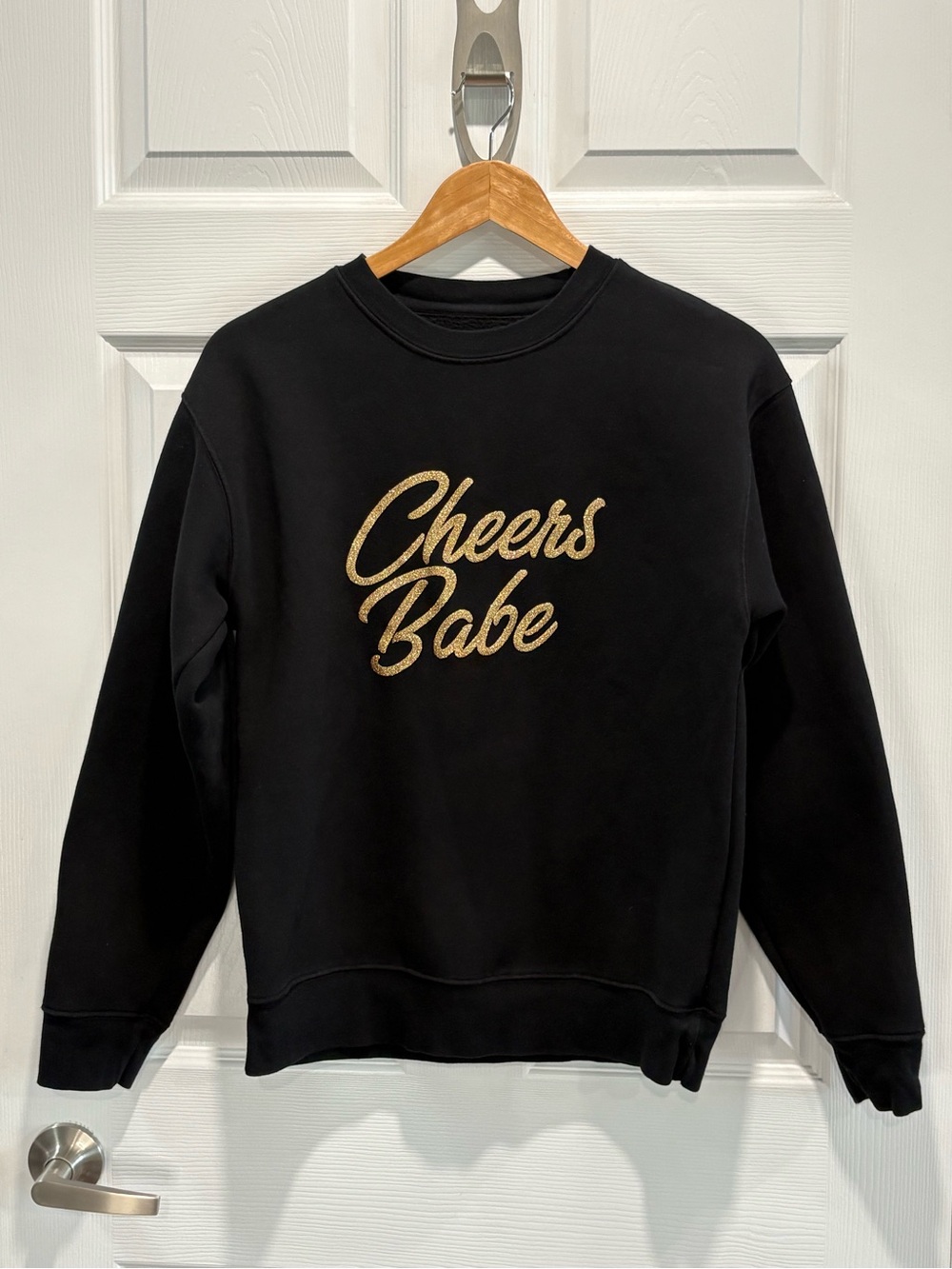 Brunette The Label Black “Cheers Babe” Gold Glitter Crewneck, Black, Size XS